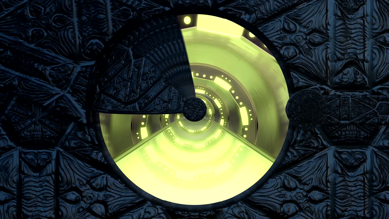 Stone gateway opens panoramic view to the spaceship landscape scene. 3d abstract background of Sci-fi corridor with neon lights. Futuristic technology VJ for tech titles and background.