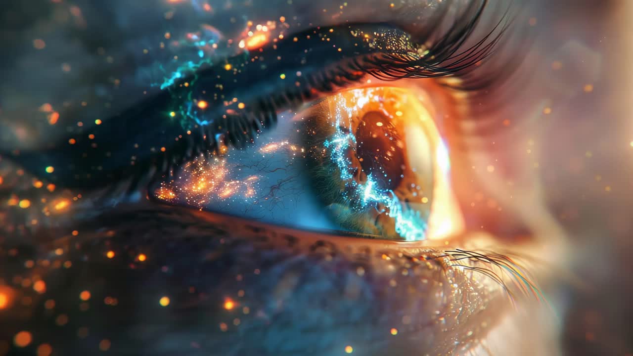 Close-up of a glowing eye with abstract fire and energy