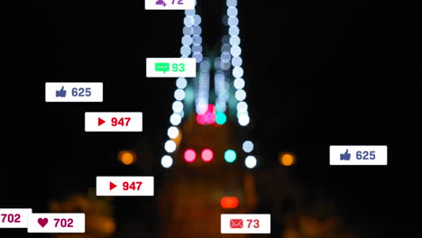 animación de cursores sobre iconos de redes sociales y números en pancartas y tráfico vial por la noche