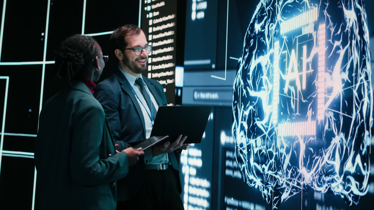 Business Professionals Discussing Artificial Intelligence on Digital Display