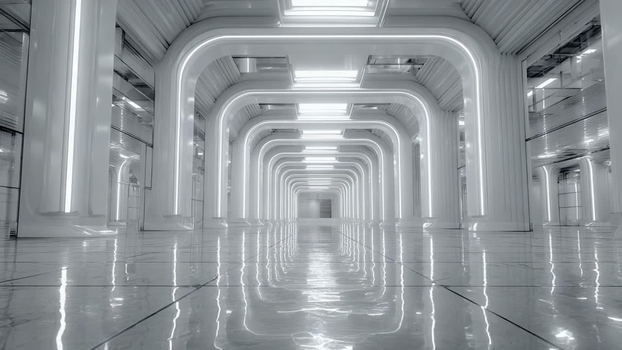 An Ethereal and Futuristic Space Featuring Gleaming Floors and Striking Archways Illuminated by Bright Neon Lights, Creating a Unique Atmosphere of Depth and Perspective