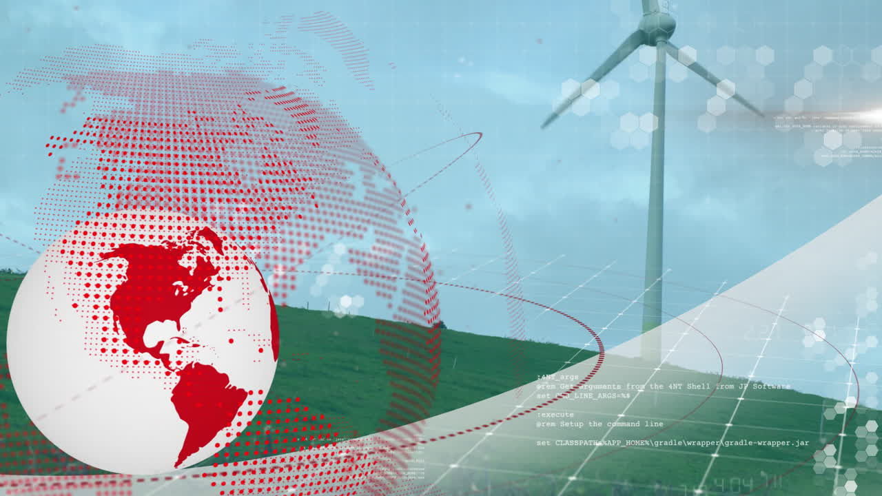 Animation of red globe with digital data over wind turbine in green landscape