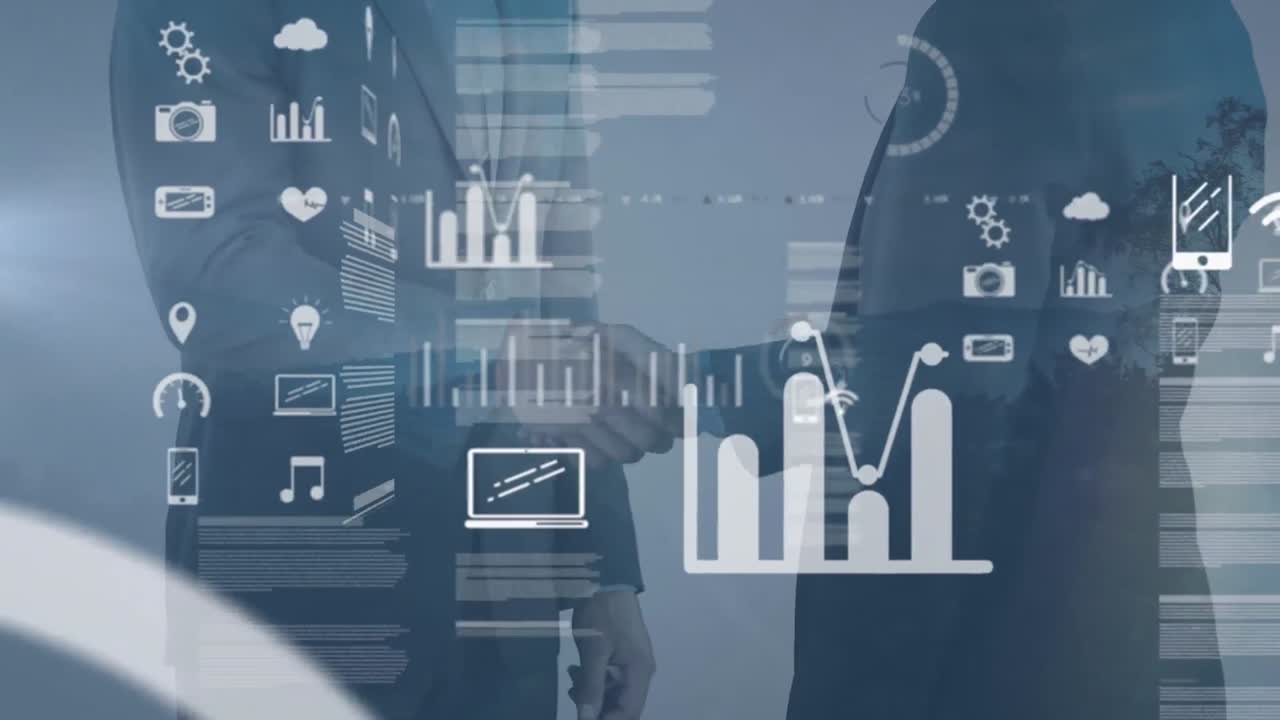 animación del procesamiento de datos sobre el apretón de manos de un hombre de negocios