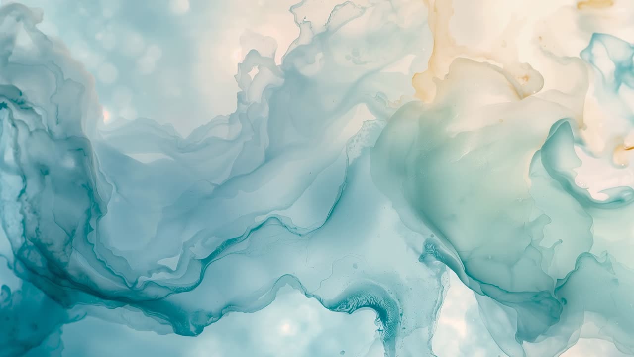 Swirling marbled artwork shifting and diffusing in studio on playback start, showing teal veins