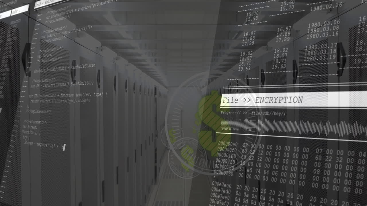 In server room, animation of data encryption and coding overlay on digital interface