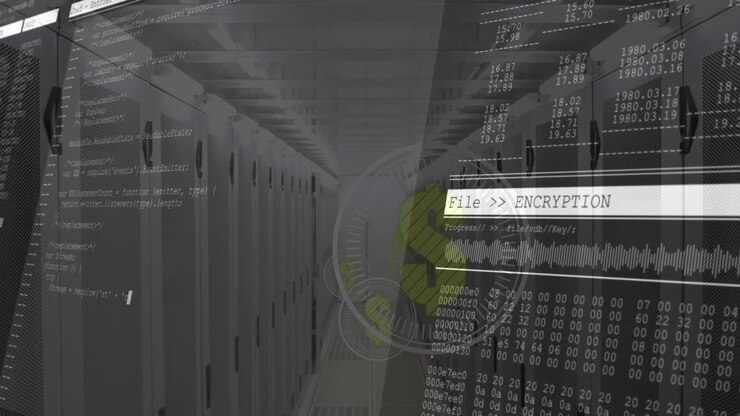 In server room, animation of data encryption and coding overlay on digital interface