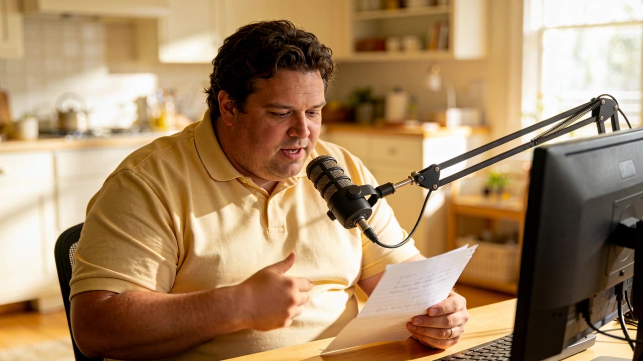 Raising script, man in pale yellow polo reading into mic at kitchen desk, checking monitor