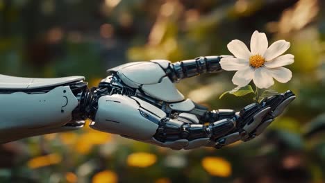 robot hand holding a daisy