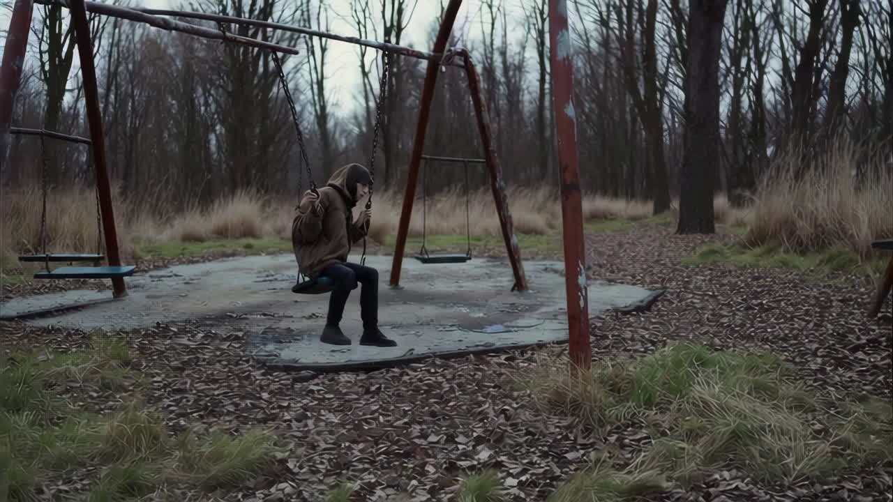 A girl on an abandoned swing set in a deserted park
