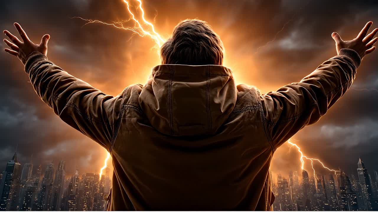 Persona in piedi con le braccia alzate durante una tempesta. Una persona è in piedi in una città di fronte a una tempesta con fulmini nel cielo. Le sue braccia sono alzate mentre reagisce alle intemperie.