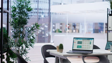 laptop on desk next to files with forex trading analytics, cityscape backdrop