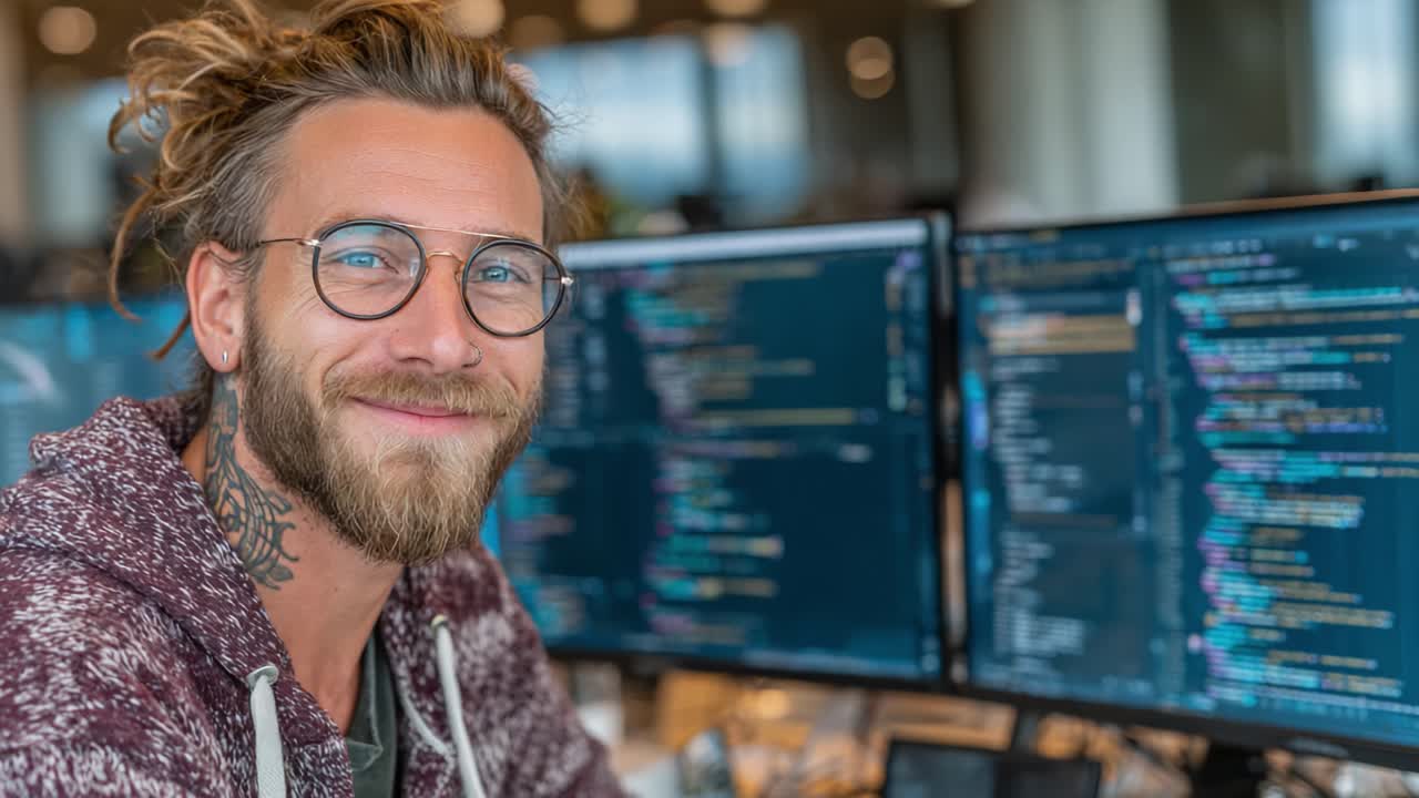 A Young Male Programmer with Glasses Smiling at Work Surrounded by High-Tech Monitors Displaying Code in a Modern Office Environment