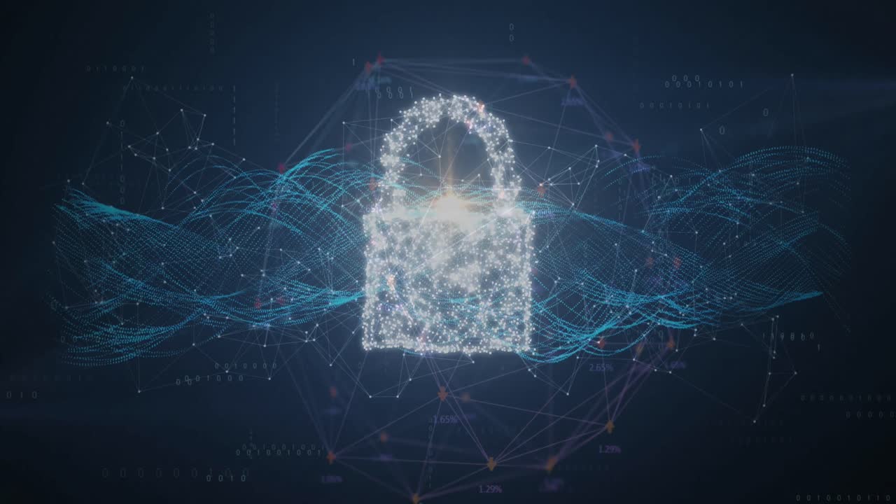 Animation of padlock and shield, globe, wave pattern, cropped hand of caucasian man touching screen