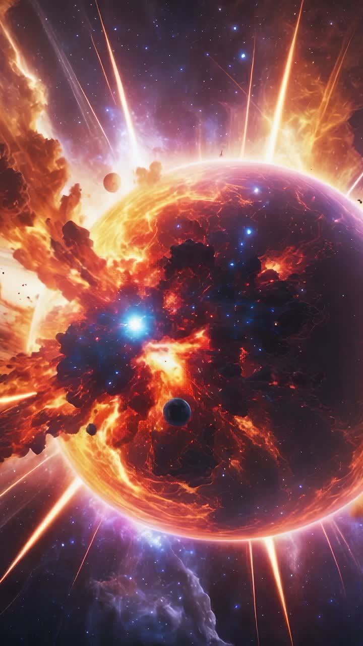 Vertical video: Revealing erupting planet fracturing from core in space, molten plumes expanding