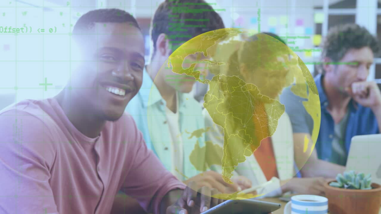 animación del globo y procesamiento de datos sobre diversas personas de negocios