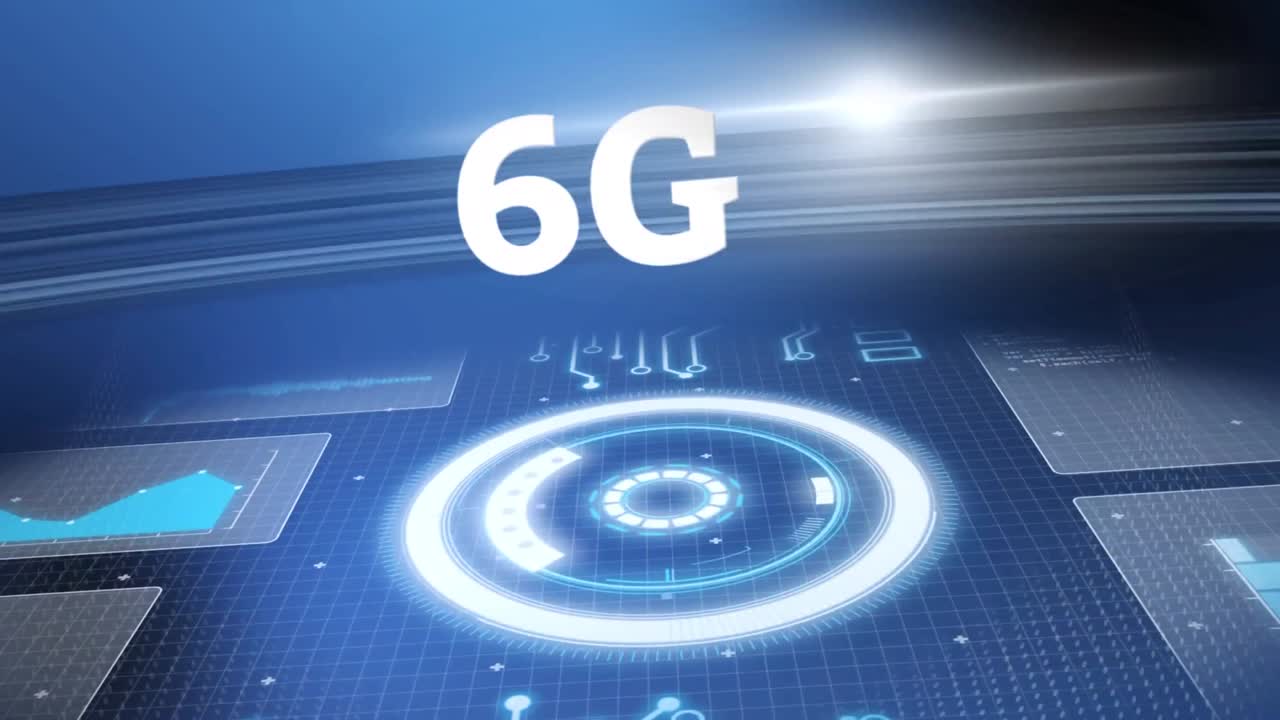 animazione di testo 6g e scanner circolare luminoso e elaborazione dei dati su sfondo scuro
