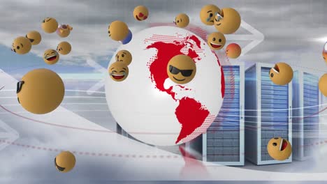 múltiples emojis de cara flotando sobre el globo giratorio y servidores de computadora contra nubes en el cielo