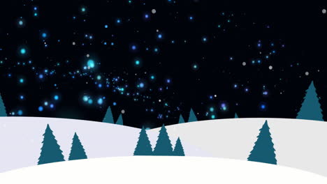 animation of glowing blue spots of light and snow falling over winter landscape