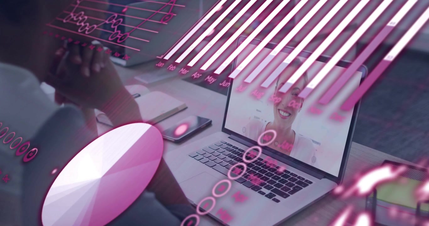 Mature man sitting at desk in business call, onscreen peer speaking and causing pink data overlays