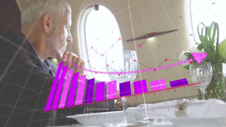 Animation of purple diagram over caucasian man using smartphone in plane