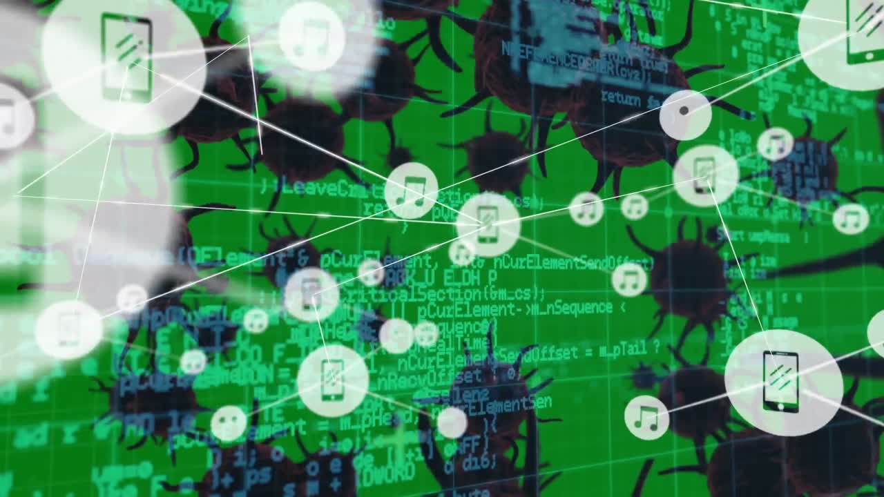 red de iconos digitales y procesamiento de datos contra múltiples células de covid-19 en fondo verde