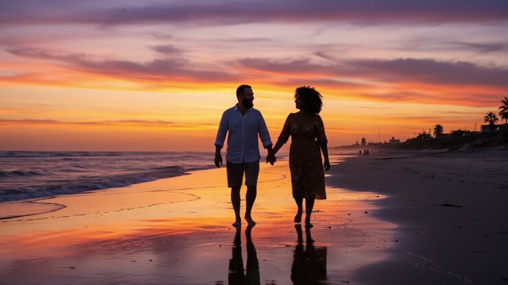 A Romantic Sunset Stroll on the Beach: A Couple Enjoying Each Other's Company Amidst a Colorful Evening Sky