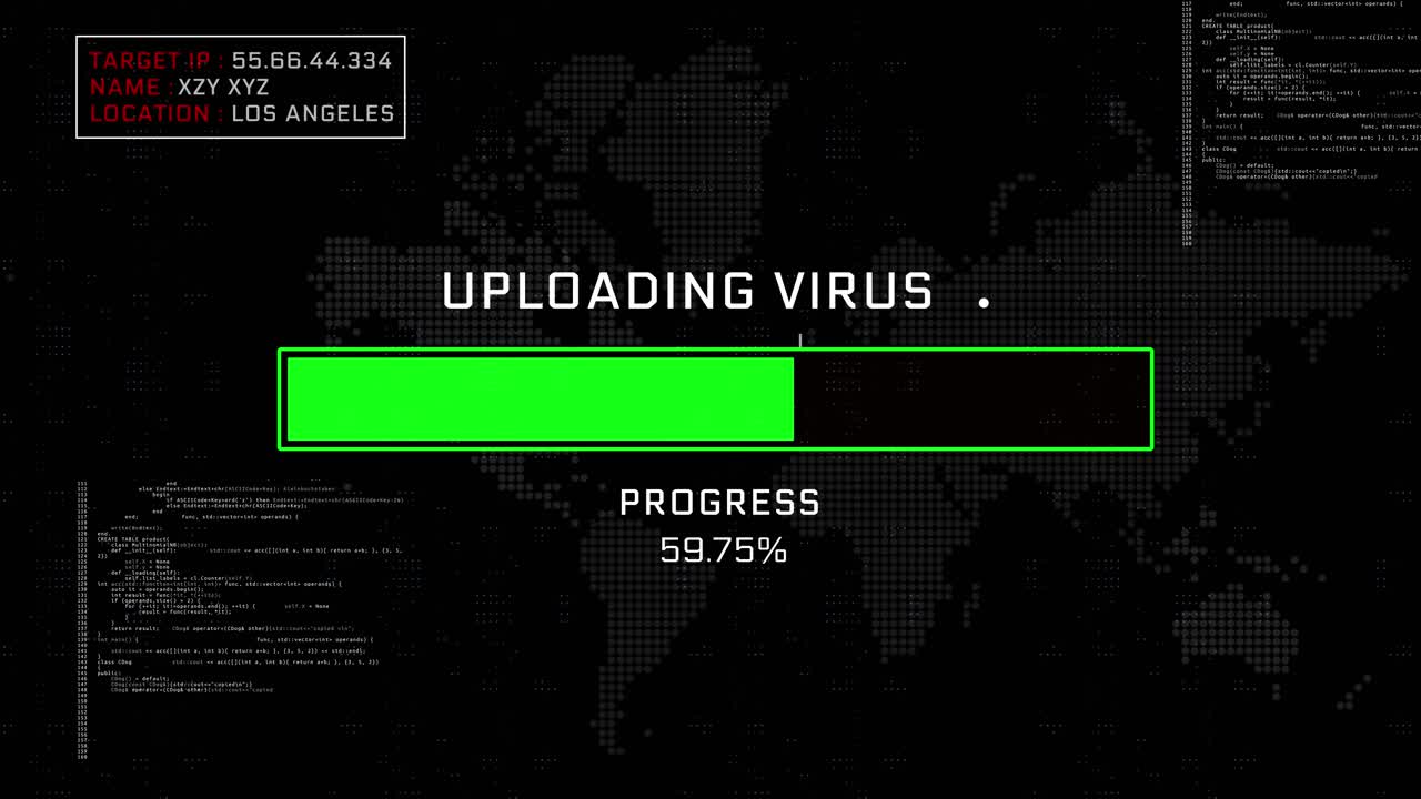 Uploading virus progress bar computer screen animation loop warning message on screen hacking attack