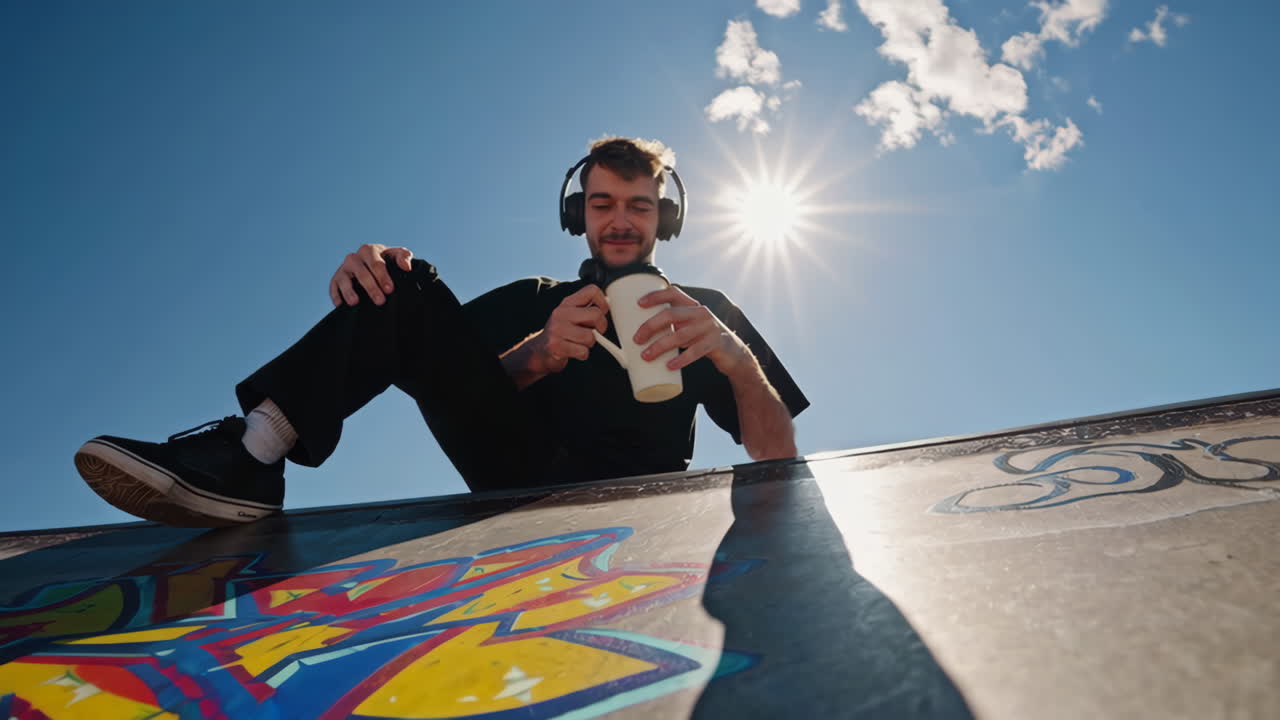 Young Man Relaxing with Headphones and a Mug at a Sunny Skatepark