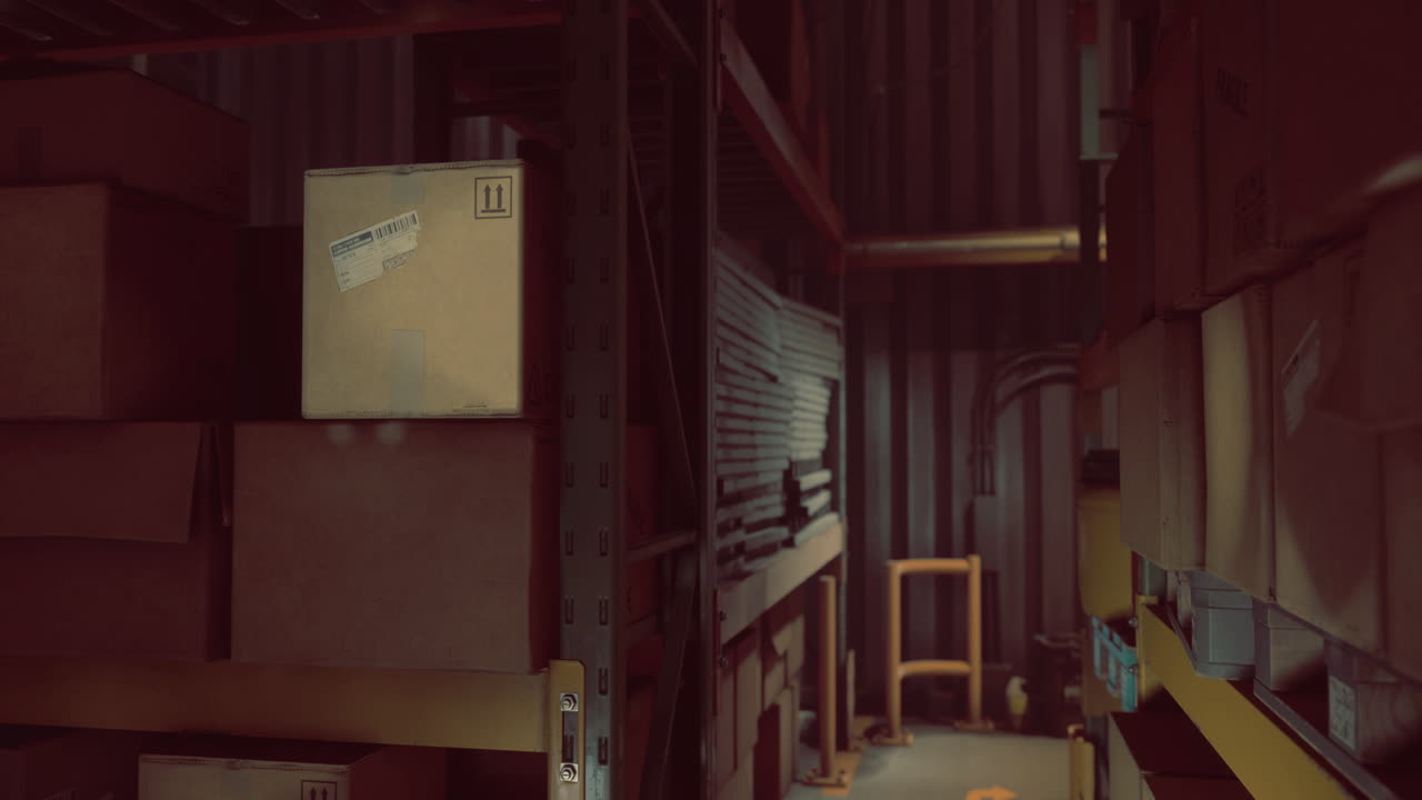 Storage room filled with boxes and supplies in a dimly lit environment