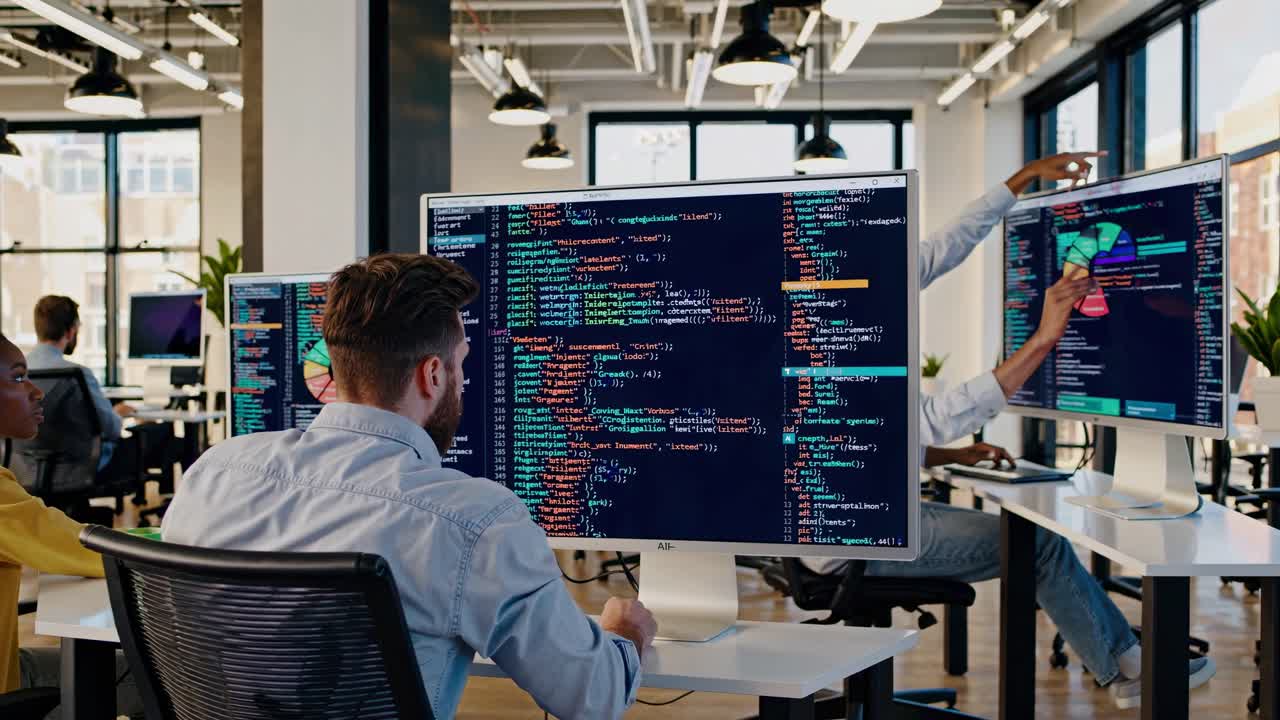Programvareutviklere som jobber på datamaskiner i et moderne kontor