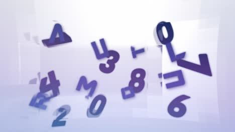 digital animation of changing numbers and alphabets moving against square shapes on white background