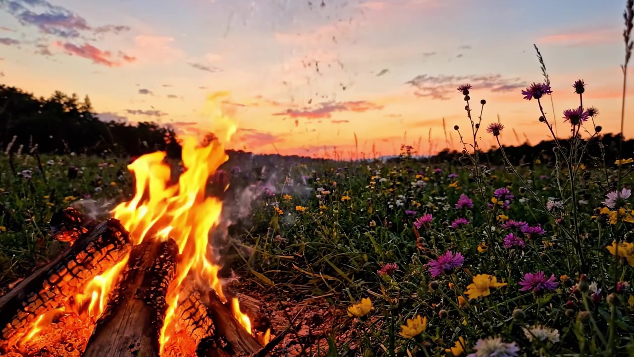 Un Tramonto Sereno su un Vivace Prato Fiorito con un Caldo Falò che Tremola in Primo Piano, Creando un'Atmosfera Serale Mozzafiato di Bellezza Naturale