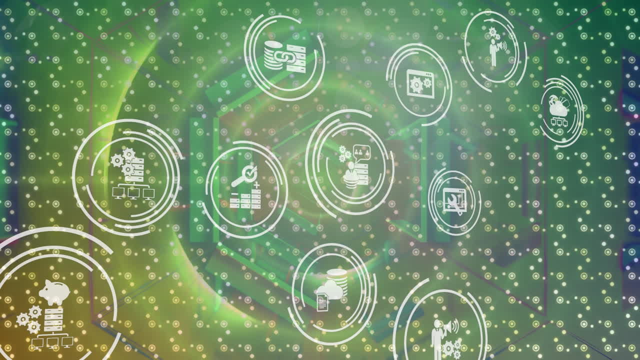 녹색 배경 위의 디지털 아이콘 네트워크의 애니메이션