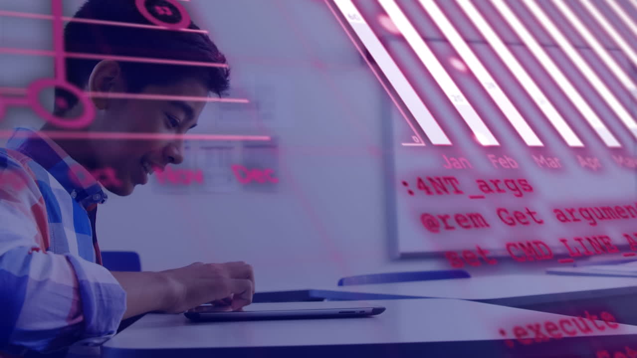 animación de procesamiento de datos y gráficos sobre un niño biracial usando una computadora portátil en la escuela