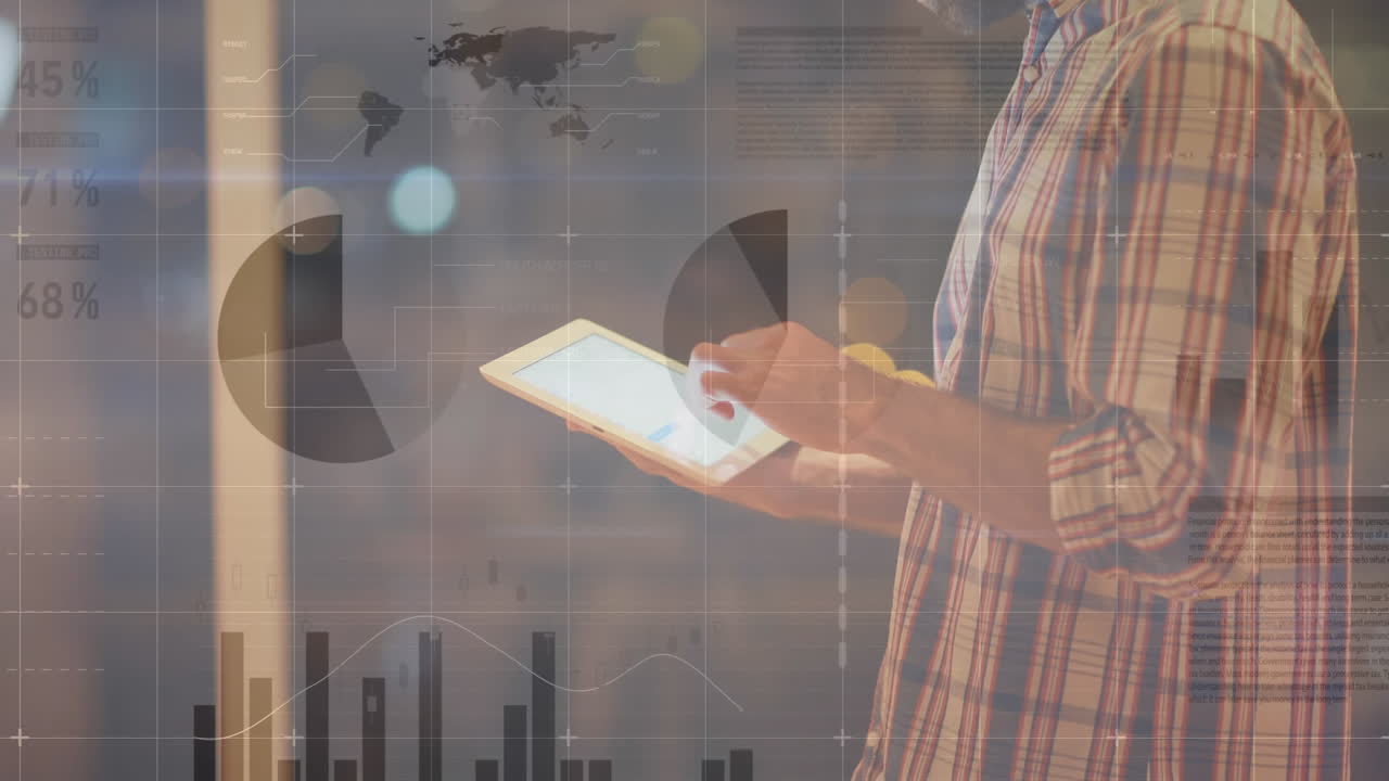 animación del procesamiento de datos estadísticos contra un hombre caucásico pensativo que usa una tableta en la oficina