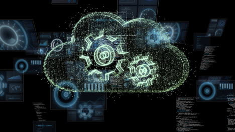 animation of digital cloud with cogs and data processing on black background