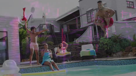 poolside, people engaging in activities with vibrant digital animation overlay