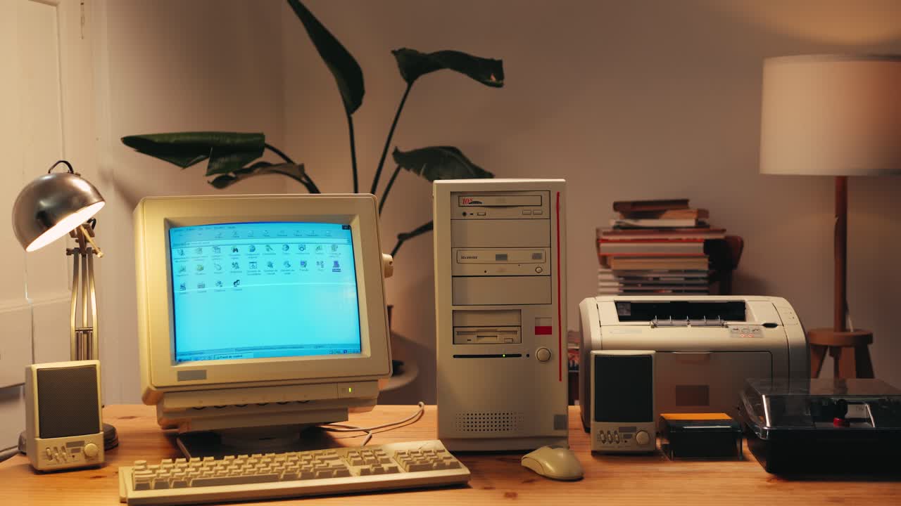 Retro pc computer gaming, Desktop vintage with loading code console, programmer making scripts, green basic screen, Old computer studio close-up, retro wave display, late 90s PC.