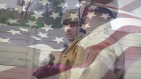 american flag animation overlaying soldiers in military uniforms