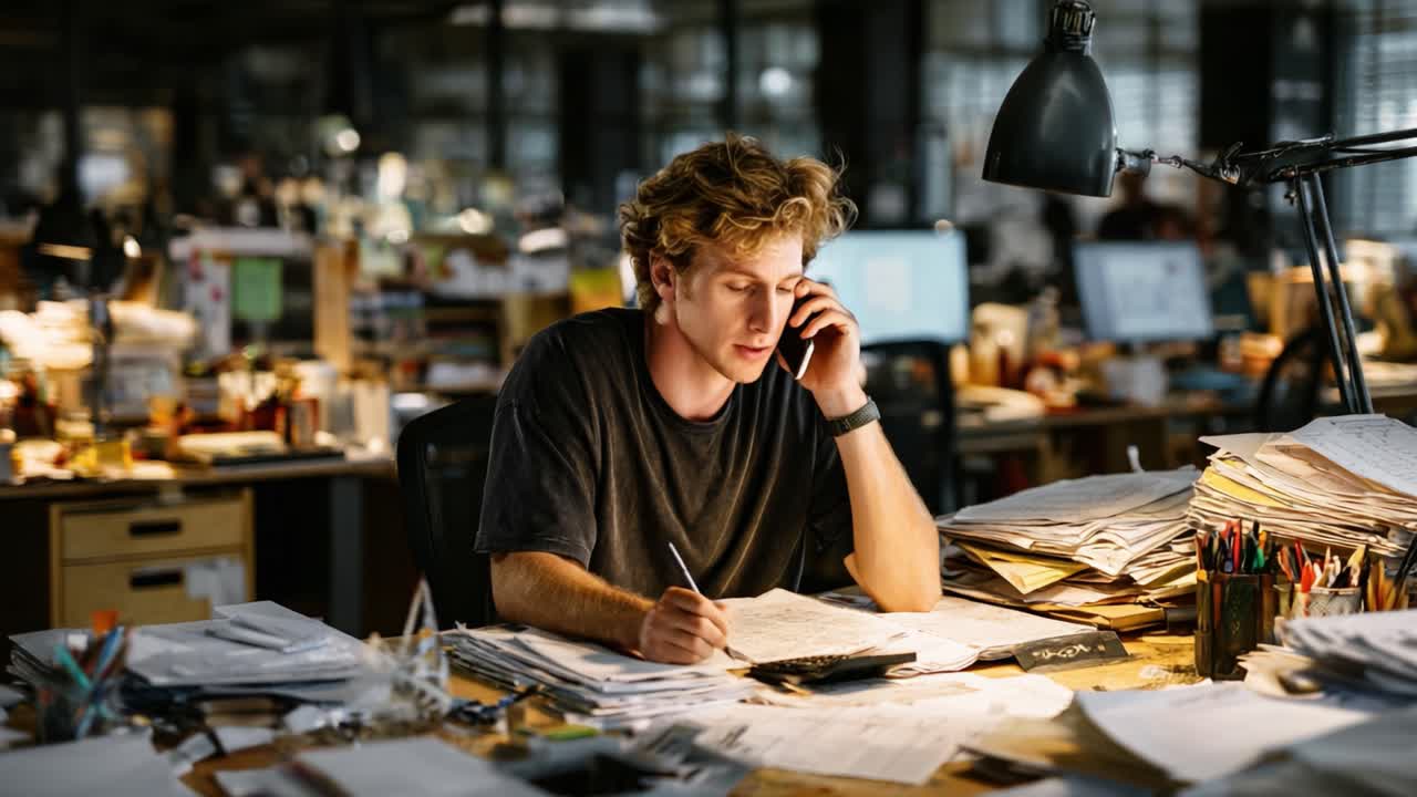 A Focused Individual Engaged in Work Amidst a Cluttered Office Environment, Merging Creativity and Organization to Navigate the Challenges of a Busy Workspace