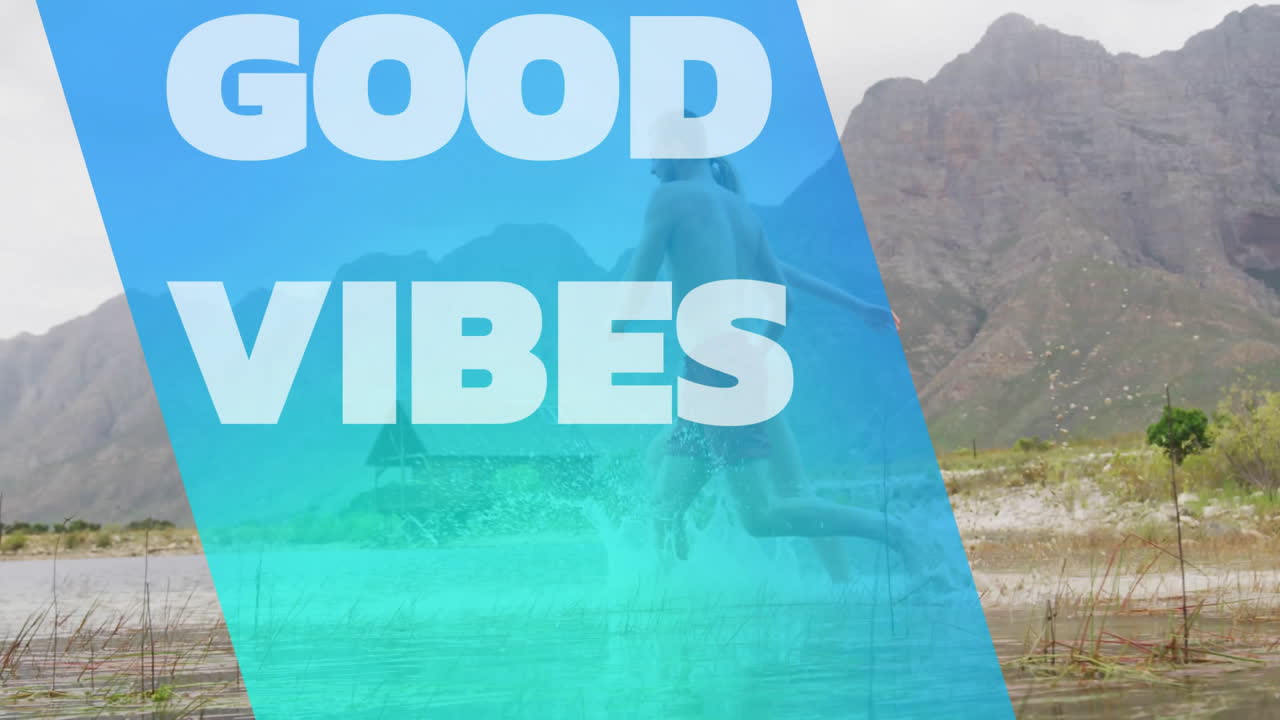 animación de buenas vibraciones texto sobre pareja caucásica corriendo