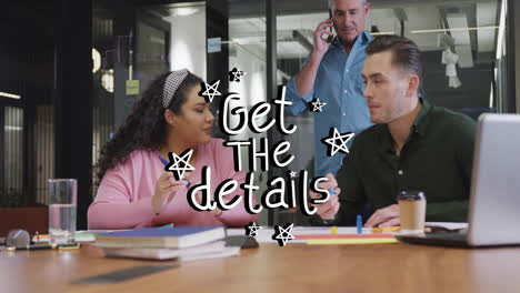 collaborating at office table, people creating animation with stars and details