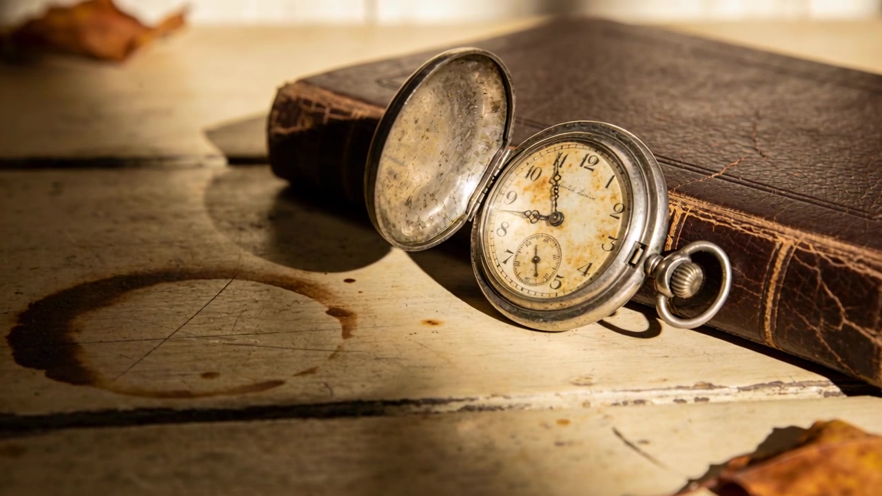 Movimento di macchina che si avvicina mentre la luce del sole cambia su un tavolo di legno, rivelando la patina su un orologio e un libro