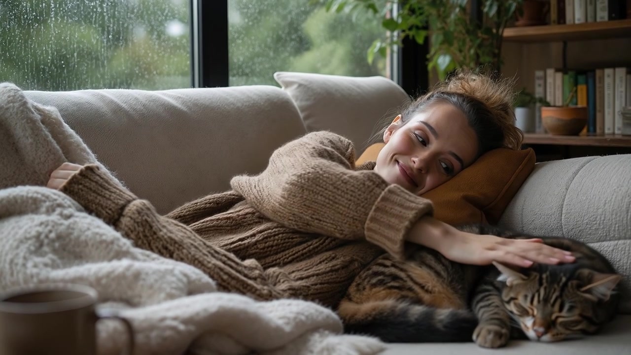 Giovane donna che si rilassa su un comodo divano accanto a un gatto che dorme in una giornata di pioggia.