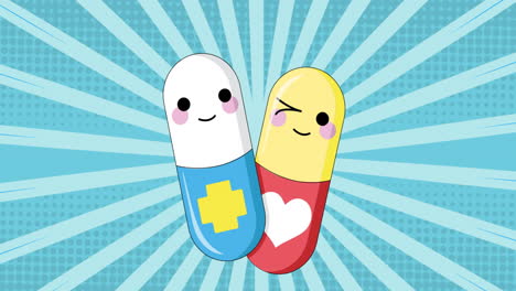 digital animation of two medical pills icons against blue radial background