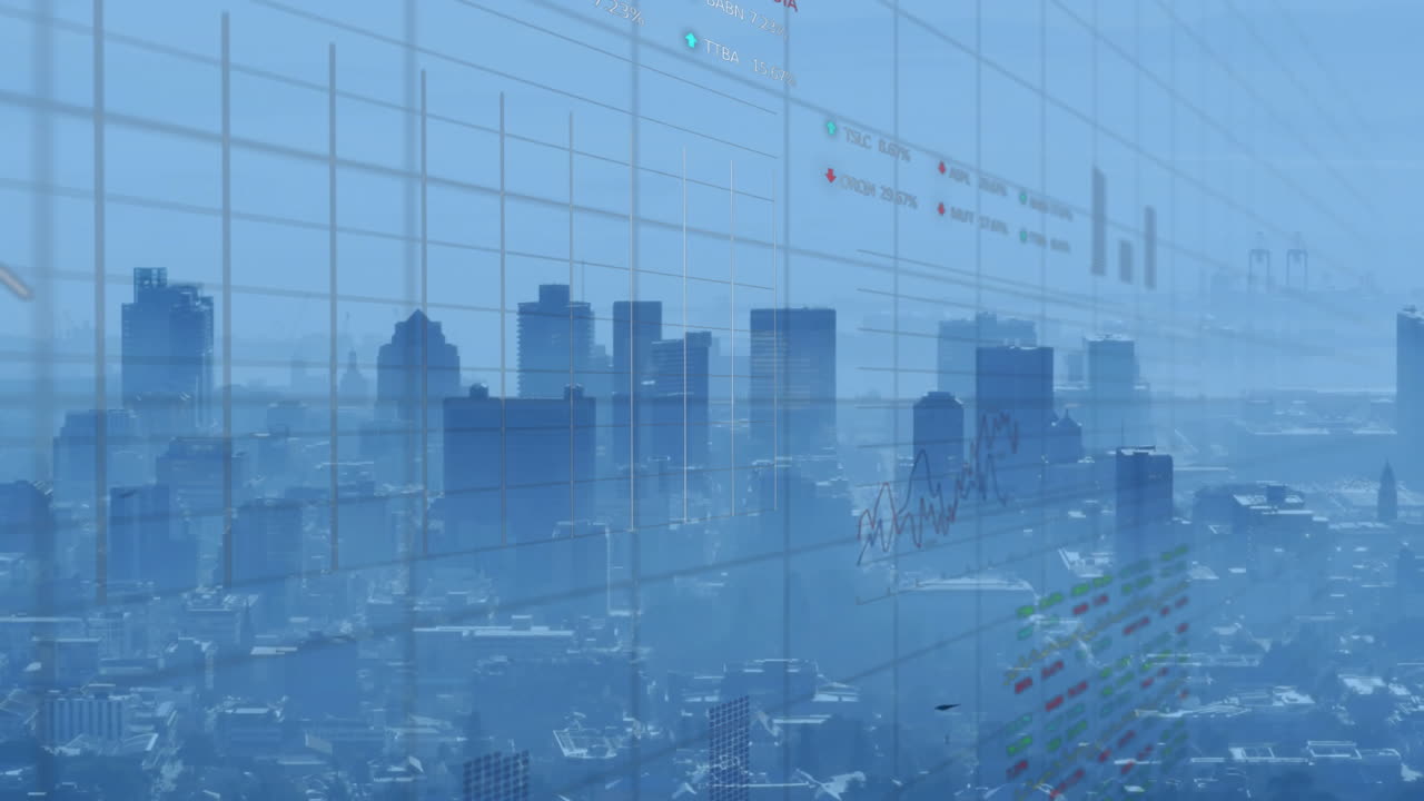 Financial graphs overlaying city skyline with data processing animation in view