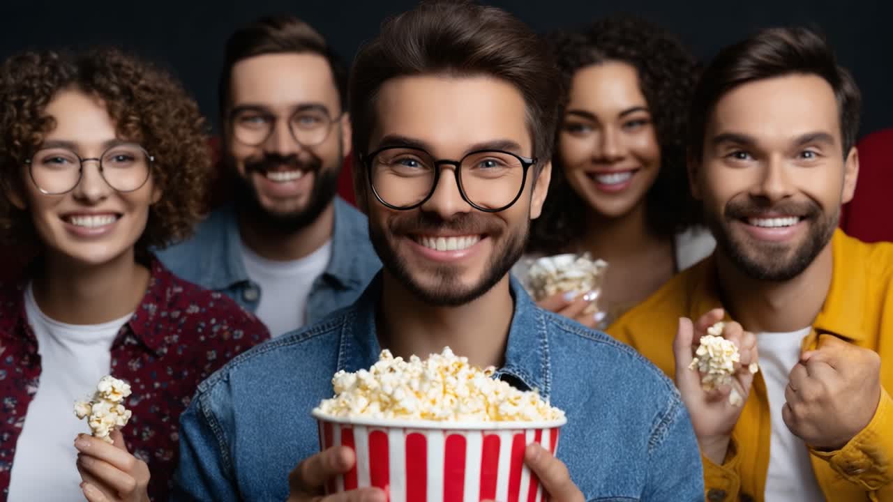A Group of Friends Joyfully Enjoying Movie Night with a Big Bowl of Popcorn, Capturing the Excitement and Bonding Moments in a Festive Atmosphere