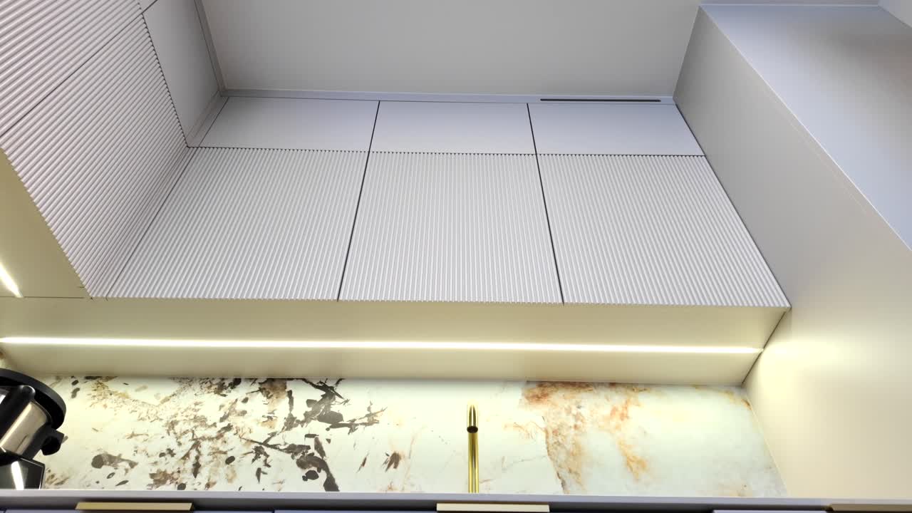 Modern Kitchen Interior with Ribbed Cabinets, Marble Backsplash, and Gold Faucet