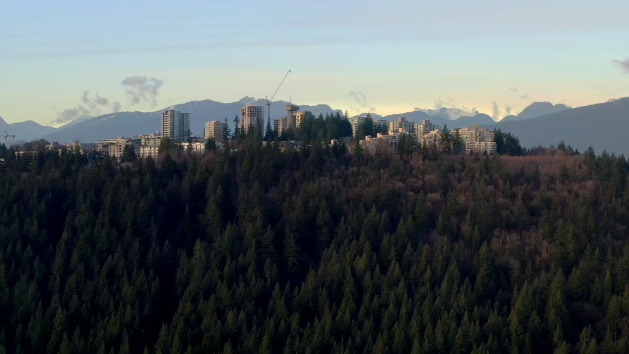 estructuras elevadas de varios pisos de la universidad simon fraser con abetos de hoja perenne en la montaña burnaby en columbia británica, canadá