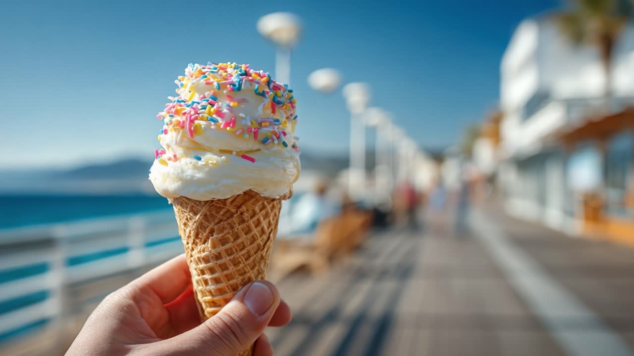 Een heerlijk ijshoorntje met hagelslag genoten aan zee, perfect voor een zonnige dag vol plezier en ontspanning langs de boulevard.
